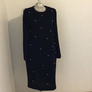 VTG Leslie Fay Dress Black Faux Pearls 10 Petite